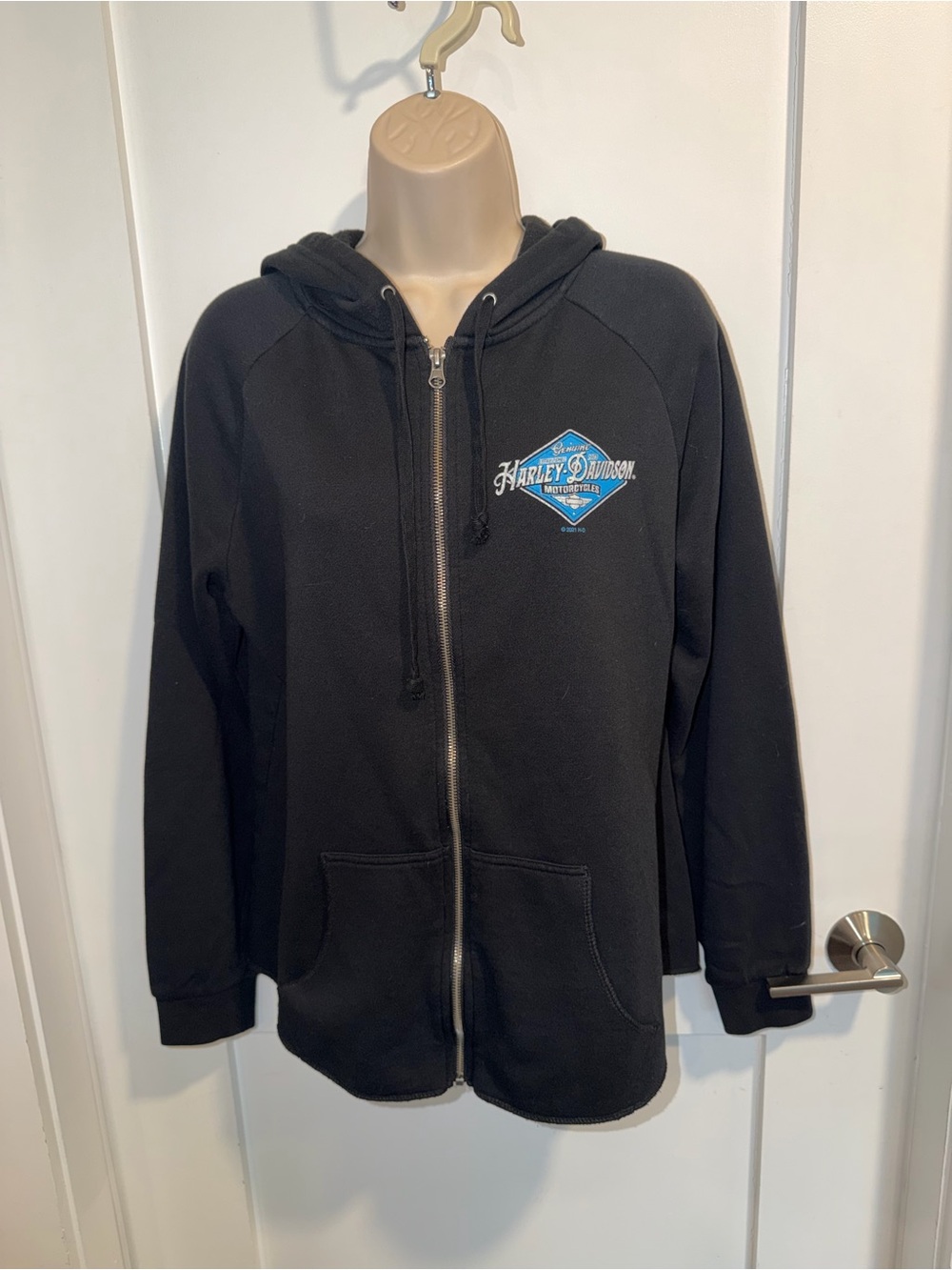 Harley Davidson Heartland black blue logo Burlington IA Zip Hoodie Woman’s